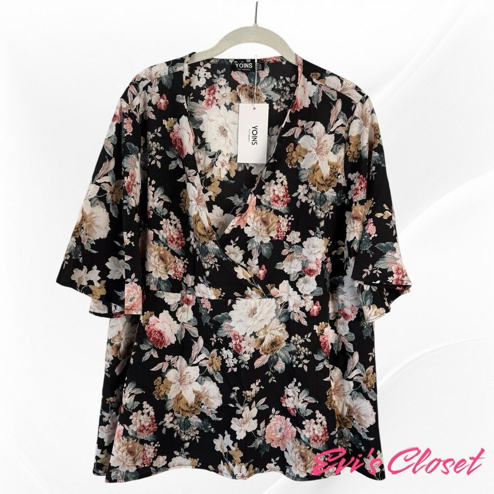 Yoins Floral Short Flutter Sleeves V Neck Blouse Floral Size 2XL. US 18. NWT